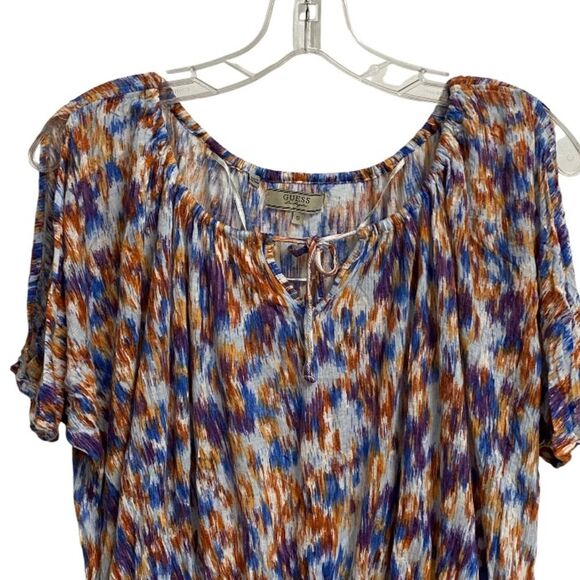 Guess Women's Cold Shoulder Top Size S Ruffle Elastic Waist Tie Neck Y2K Artsy - Picture 2 of 14